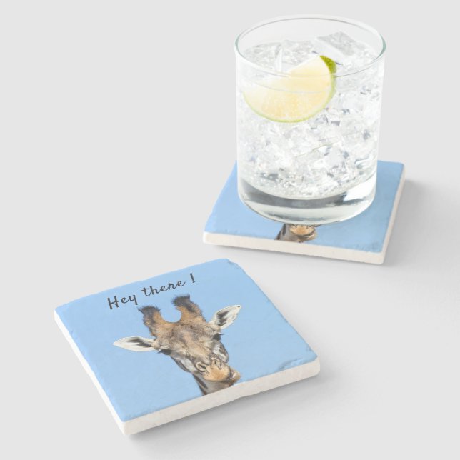 Hey there funny Giraffe photo with text Stone Coaster (Side)