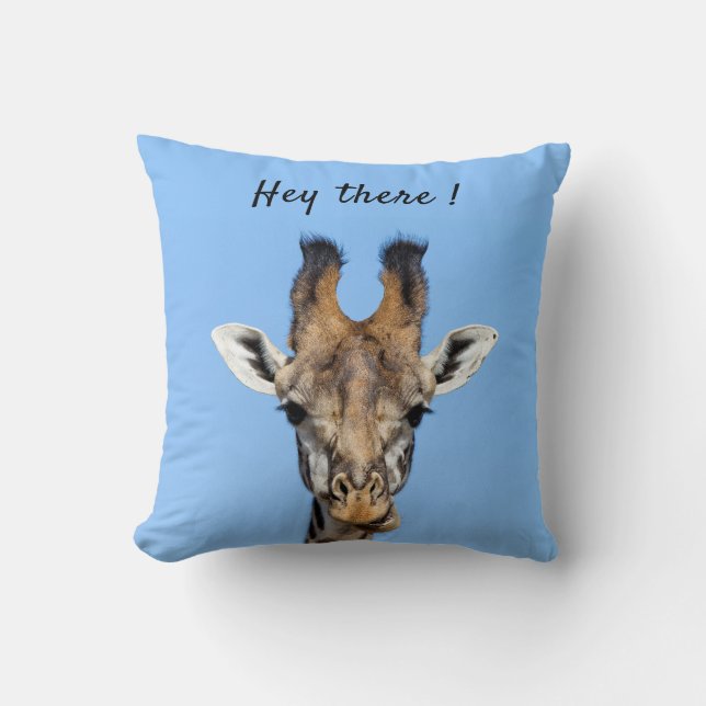 Hey there funny Giraffe photo with text Throw Pillow (Front)