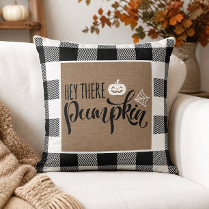 Hey There Pumpkin Burlap Buffalo Plaid Halloween Throw Pillow