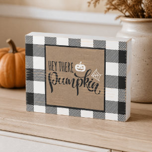 Hey There Pumpkin Burlap Buffalo Plaid Halloween Wooden Box Sign