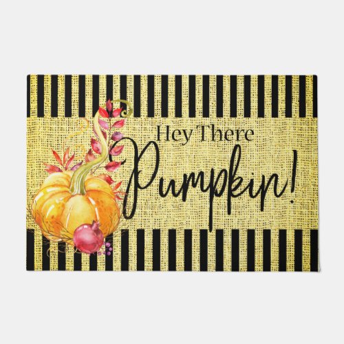 Hey There Pumpkin Faux Yellow Burlap Pumpkin Doormat