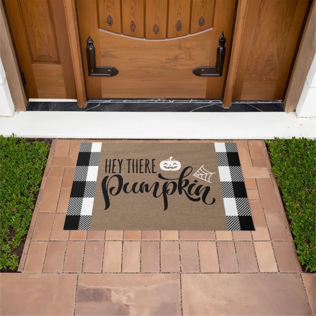 Hey There Pumpkin Halloween Buffalo Plaid Burlap Doormat (Outdoor)
