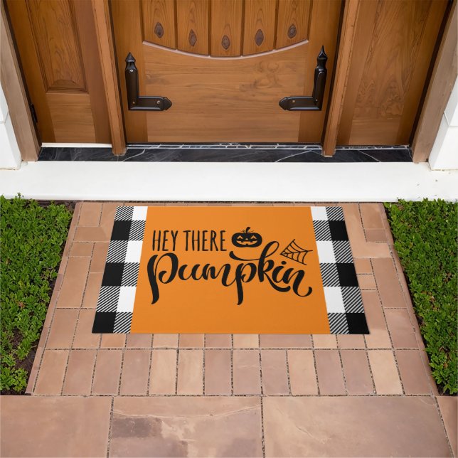 Hey There Pumpkin Halloween Buffalo Plaid Orange Doormat (Outdoor)
