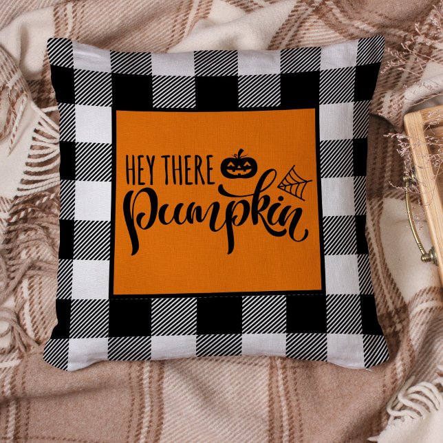 Hey There Pumpkin Halloween Buffalo Plaid Throw Pillow (Creator Uploaded)