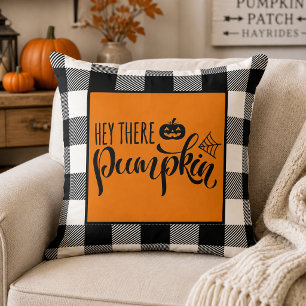 Hey There Pumpkin Orange Buffalo Plaid Halloween Throw Pillow