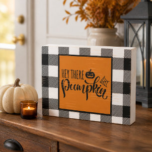 Hey There Pumpkin Orange Buffalo Plaid Halloween Wooden Box Sign