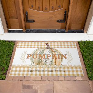 Hey There Pumpkin White Gingham Plaid Name Doormat
