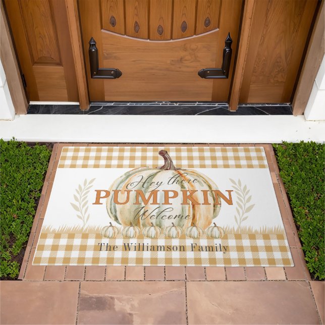 Hey There Pumpkin White Gingham Plaid Name  Doormat (Outdoor)