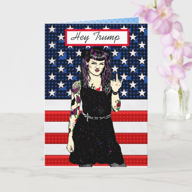 Hey Trump Girl Flipping the Bird Anti Trump Card (Orchid)