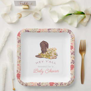 Hey Y'all Cowboy Boot & Bouquet Girl Baby Shower Paper Plates
