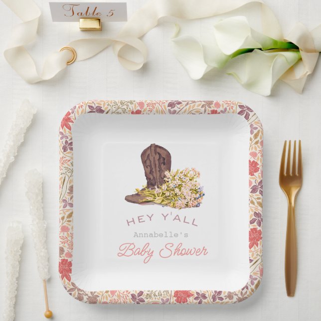 Hey Y'all Cowboy Boot & Bouquet Girl Baby Shower Paper Plates (Wedding)