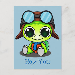 Hey You Cute Cartoon Turtle in Aviator Hat Postcard