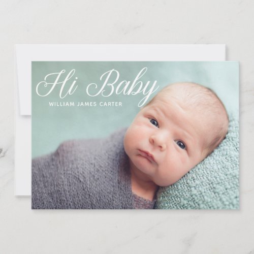 Hi Baby Photo Mint Elegant Simple Typography Birth Announcement