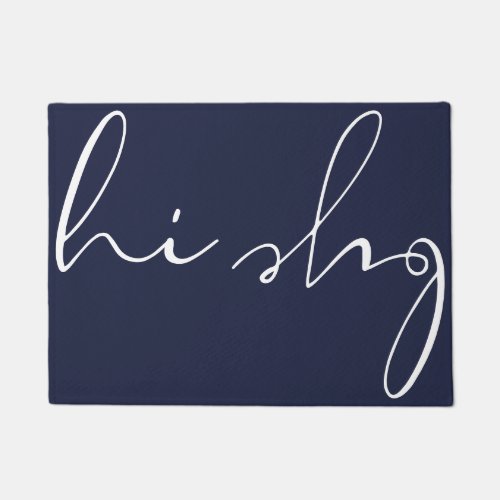 Hi Bye Elegant Calligraphy Script Navy Blue Doormat