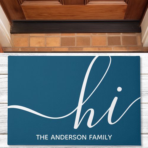 Hi Calligraphy Script Modern Navy Personalized Doormat