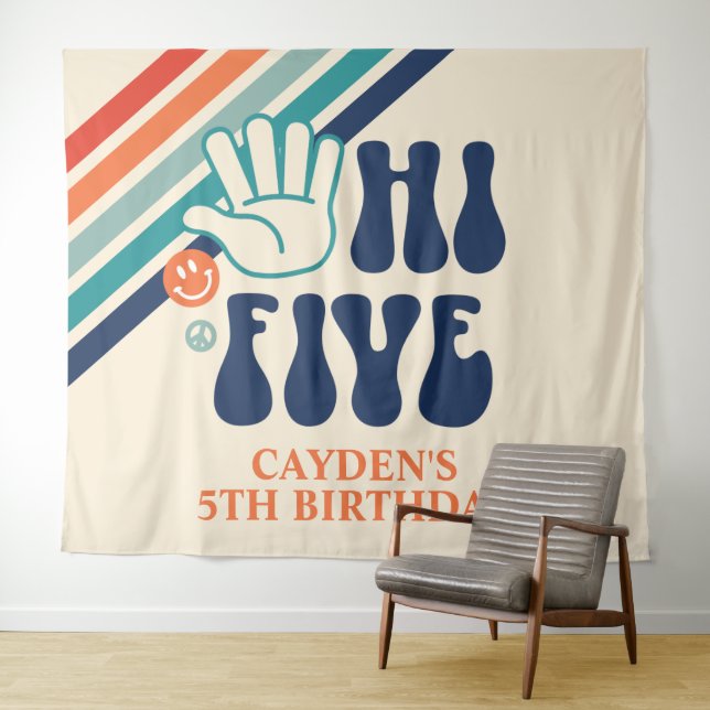 Hi Five Retro Stripes birthday Tapestry (In Situ (Horizontal))