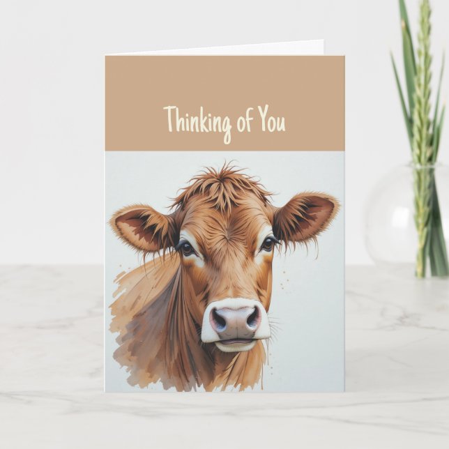 Hi Hello Thinking of You Cute Sweet Brown Cow  Card (Front)