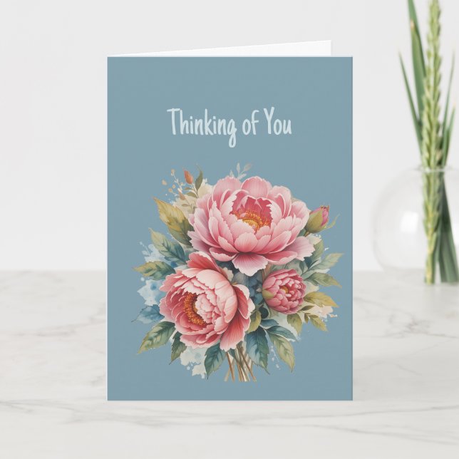 Hi Hello Thinking of You Pink Peony Garden Flower Card (Front)