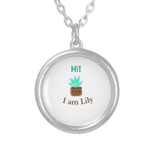 Hi I am Lily cactus succulent add name watercolor Silver Plated Necklace