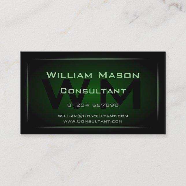 Hi-Res Green Monogram Professional Business Card (Front)