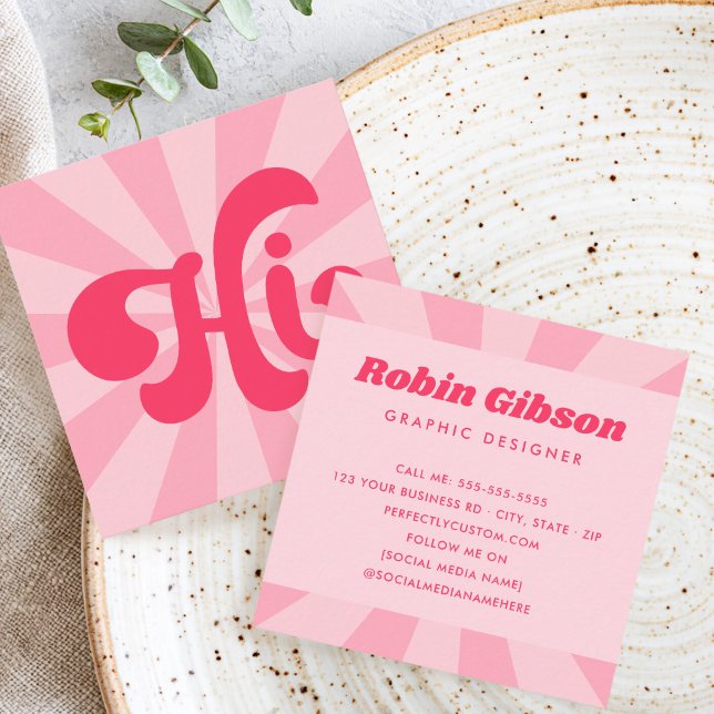 Hi retro pink or any color sunburst square business card (Hi retro pink or any color sunburst square business card)