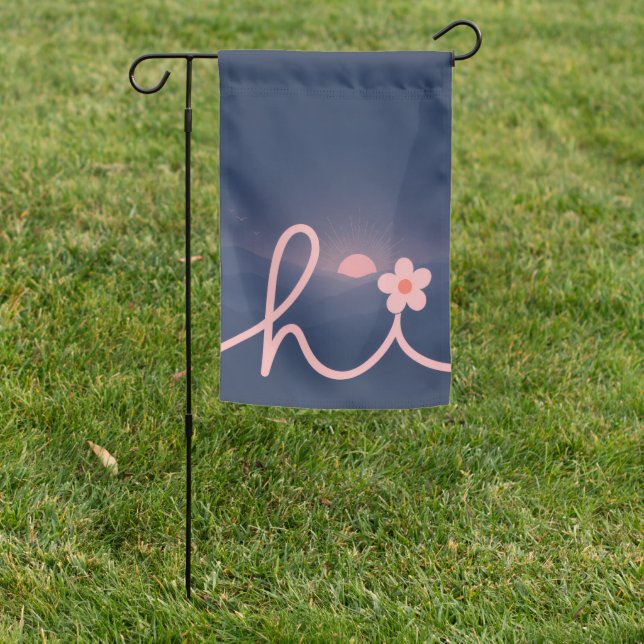 "hi" Script Mountain Sunset Design Garden Flag (In SItu)