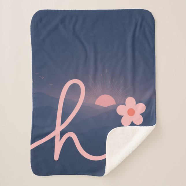 "hi" Script Mountain Sunset Design Sherpa Blanket (Front)