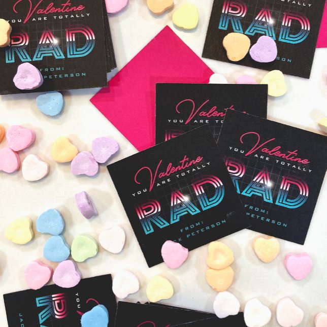Hi-tech 80s Hot Pink Totally Rad Valentine  Note Card (retro future 1980s style hi-tech rad neon classroom valentine with black, hot pink, and neon blue
)