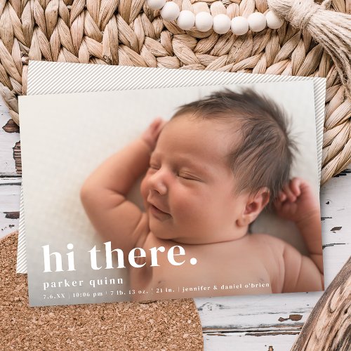 Hi There Modern Type Blue Photo Birth Announcement