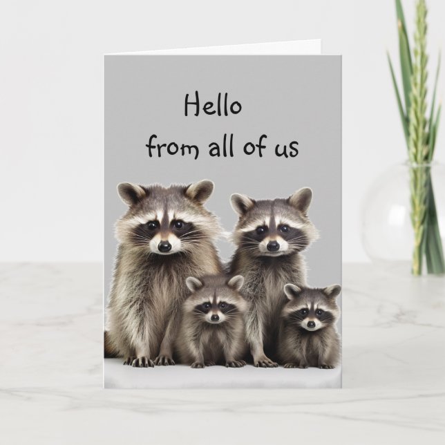 Hi Thinking of You Cute Raccoon Group Family Fun Card (Front)