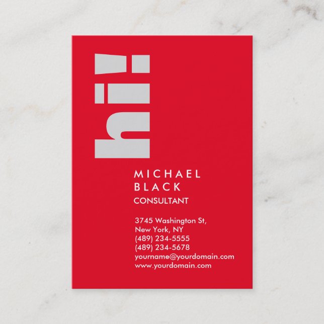 Hi! Vertical Plain Red Trendy Consultant Hello Business Card (Front)