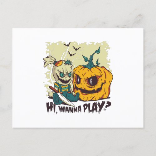 HI WANNA PLAY Halloween Evil Doll and Pumpkin Postcard