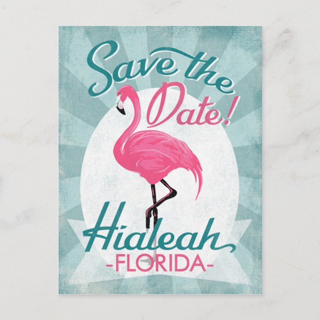 Hialeah Save The Date Postcards –  Pink Flamingo Retro