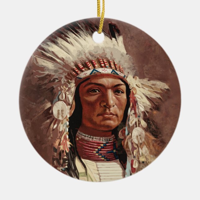 Hiawatha Native American Indian Chief Portrait Ceramic Ornament (Front)