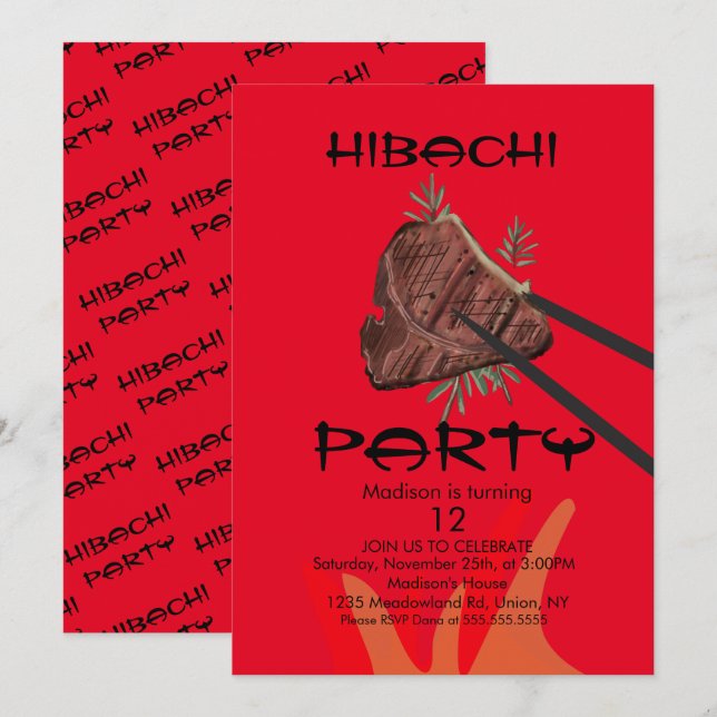 Hibachi Steak Japanese Restaurant Party Invitation (Front/Back)
