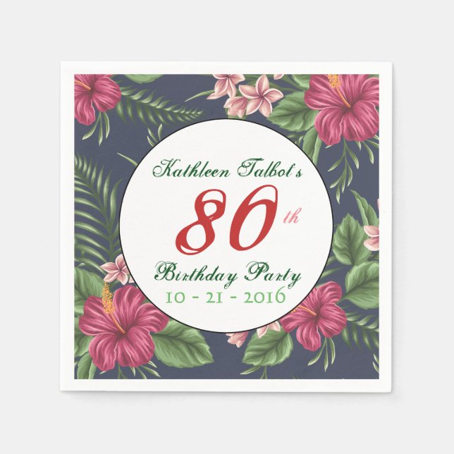 Hibiscus 80th Birthday Party Paper Napkin (Front)