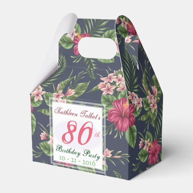 Hibiscus 80th Birthday Party Thank You Favor Box (Front Side)