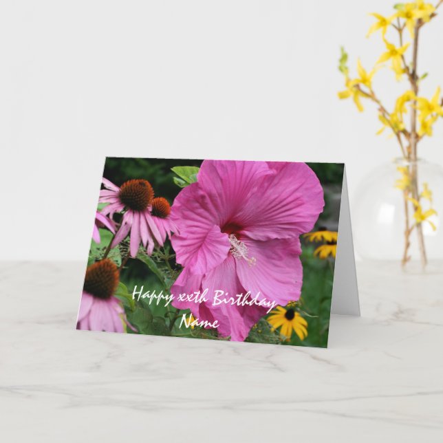 Hibiscus And Flower Friends Personalized Birthday  Card (Yellow Flower)