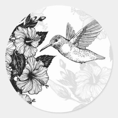 Hibiscus and hummingbird classic round sticker