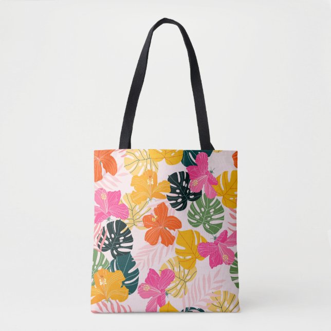 Hibiscus and monstera leaves tropical pattern desi tote bag (Front)