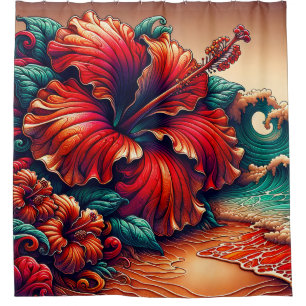 “Hibiscus and Ocean Waves - Vibrant Floral Art” Shower Curtain