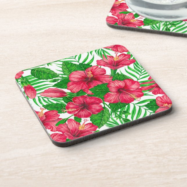 Hibiscus and palm leaves beverage coaster (Left Side)