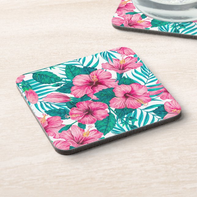 Hibiscus and palm leaves beverage coaster (Left Side)