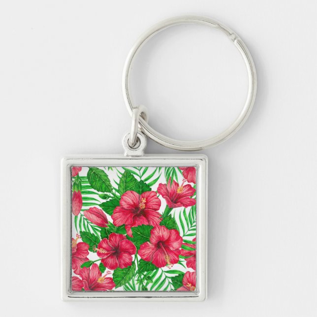 Hibiscus and palm leaves keychain (Front)