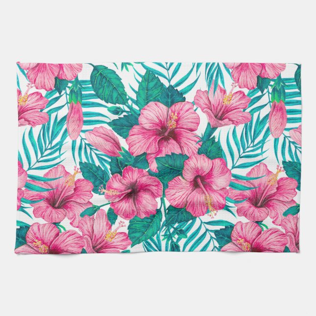 Hibiscus and palm leaves kitchen towel (Horizontal)