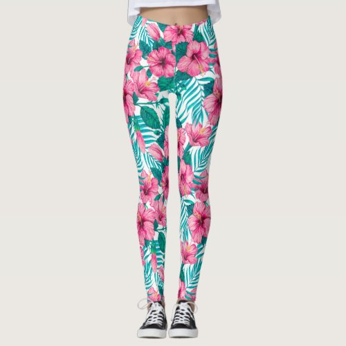 Hibiscus and palm leaves leggings
