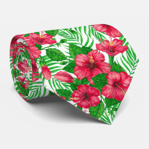 Hibiscus and palm leaves neck tie