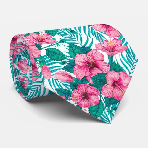Hibiscus and palm leaves neck tie