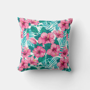 Hibiscus and palm leaves throw pillow
