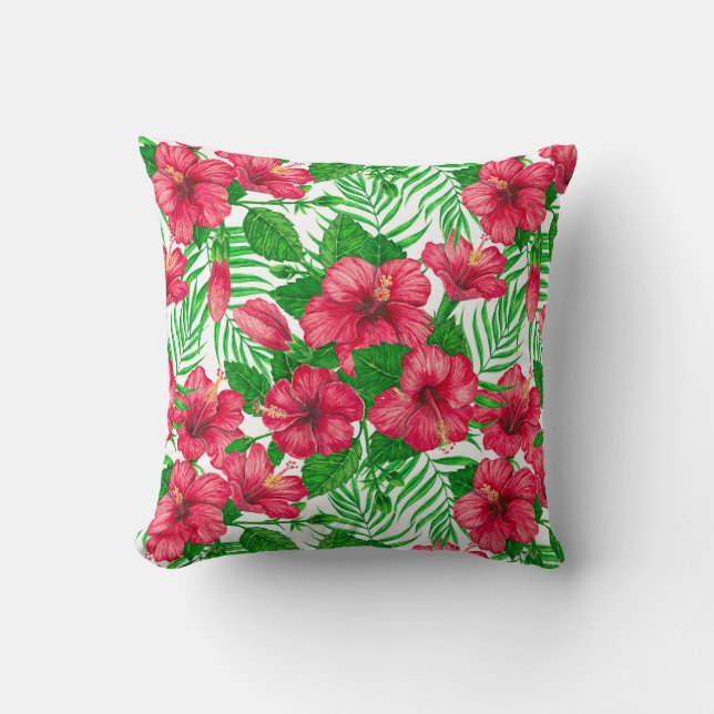 Hibiscus and palm leaves throw pillow (Front)